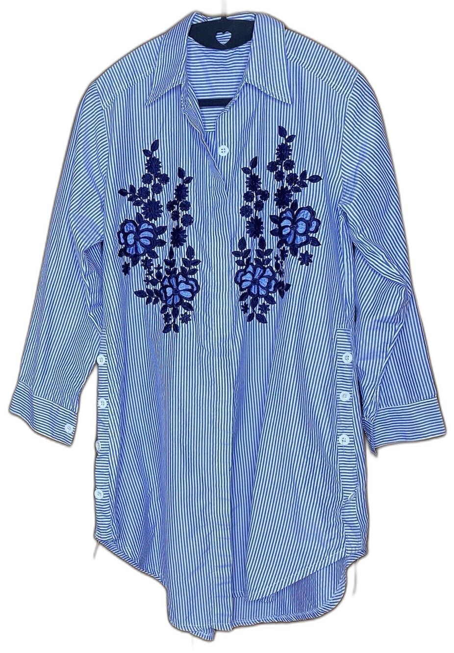 Embroidered Stripe Button Down Tunic Floral 3/4 Sleeve Womens M Blue White